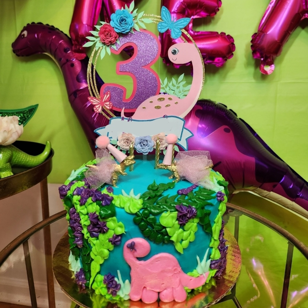 Dinosaur 3rd birthday cake topper, gold girly dinos, happy birthday banner